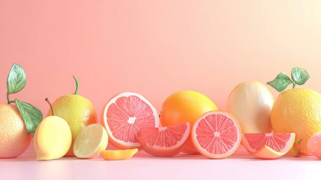 Assorted citrus fruits, including lemons, oranges, and grapefruits, arranged on a soft pink background.