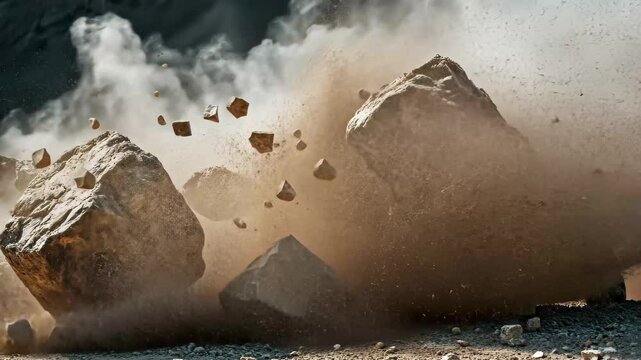 Stone fragments explode from right, scattering debris in a quarry environment during daylight hours, Stone fragments exploded from right flying out to left, blasted ground