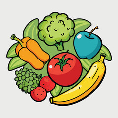 Cartoon Illustration of Fresh Fruits and Vegetables Arranged in a Circle with Leaves Including Broccoli Tomato Banana Apple Peas Pepper and Strawberries
