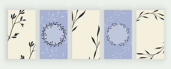 Elegant hand-drawn floral backgrounds for social media templates stories, personal blog. Vector minimal aesthetic design banners with flowers and leaves
