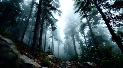 Fototapeta premium Enchanted pine forest hidden in thick mist, with a vintage color palette and soft light filtering through the fog, creating a tranquil, mysterious atmosphere.