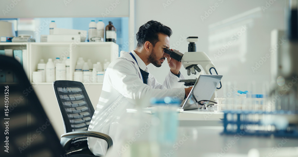 Poster Science, analysis and man with microscope in lab for sample testing, clinical trial and innovation. Scientist, employee and medical equipment for vaccine development, cancer research and drug study