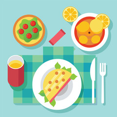 Flat Vector Illustration of a Colorful Lunch Scene with Pizza Soup Taco and Juice on a Checkered Tablecloth with Cutlery on a Light Blue Background