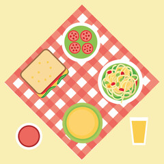 Vector Illustration of a Picnic Setup with Sandwich Pasta Salad Tomato Slices and Drink on a Red and White Checkered Blanket Top View