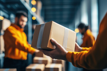 Close-up box on hand with warehouse workers in orange uniforms sorting and handling packages, showcasing teamwork, logistics, inventory management, and efficient distribution operations in industrial