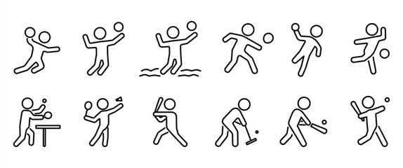 Sports line icon set, Sports icons with ball, basketball, volleyball, beach volleyball, squash, handball, bowling, table tennis, badminton, baseball, gateball, cricket and softball vector icon set.