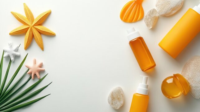 Sunscreen bottles with beach elements on a white background