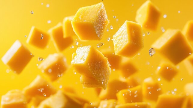 Chunks of mango suspended in mid-air against a vibrant yellow background