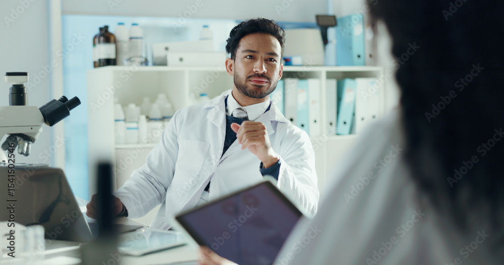 Poster man, scientist and discussion in lab with colleague for microbiology study, report or feedback. team