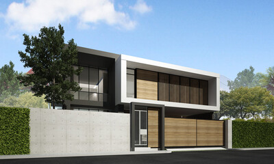 The modern tropical house design and big tree. 3d rendering
