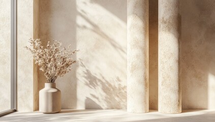Beige minimalist interior with dried flowers. Sunlight casts soft shadows on a textured wall with pillars