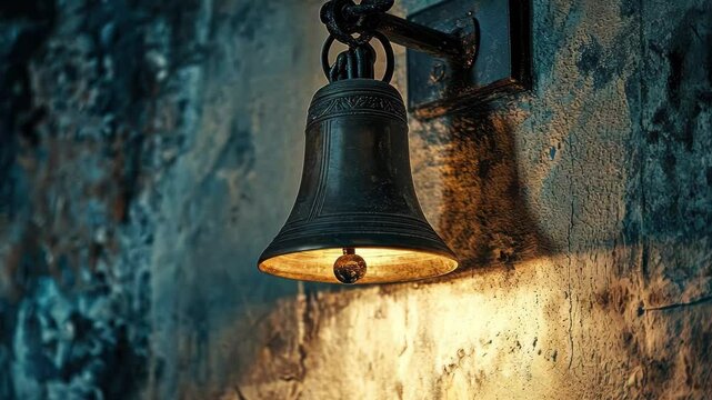 Decorative wall bell hanging in a softly illuminated interior setting at sunset, Bell Is Rung On Wall Interior Shot