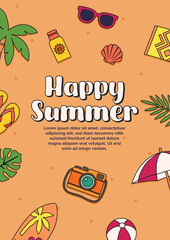 Colorful summer party poster design template with palm trees, tropical vibe, beach accessories, sun, and decorative layout for seasonal celebration.