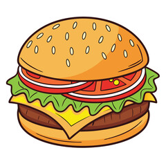 Cartoon Burger Illustration with Fresh Ingredients and Detailed Outline Perfect for Fast Food Menus and Children s Books Representing Delicious and Fun Food