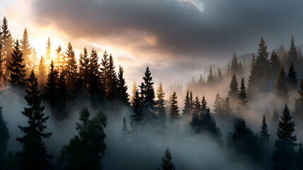 Misty retro-inspired pine forest with soft pastel fog and golden light filtering through, creating a serene vintage atmosphere with a glowing vibe.