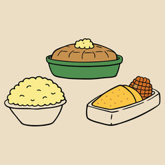 Cartoon Illustration of Three Thanksgiving Dishes Including Mashed Potatoes Stuffing and Cornbread Presented in Bowls and a Casserole Dish on a Beige Background