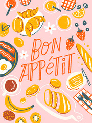 French Breakfast croissant, bread, tea time, illustration doodle hand drawn for poster, bon appetit, food, kitchen poster