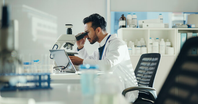 Scientist, sample and man with microscope in lab for clinical trial, virus study and experiment. Science, innovation and employee with equipment for medical research, vaccine development and analysis