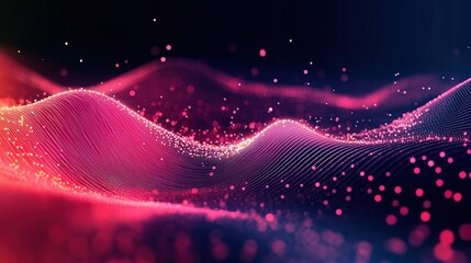  A Digital Wave of Red and Pink Glowing Data Points Creating an Abstract Background on a Dark Blue Canvas, Flowing Energy Lines Enhance Visual Effects, Offering Depth Reminiscent of Sound and Light