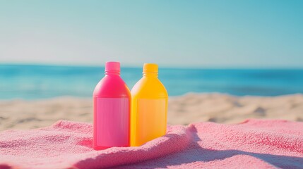 Bright neon sunscreen bottles on beach towel with copy space.