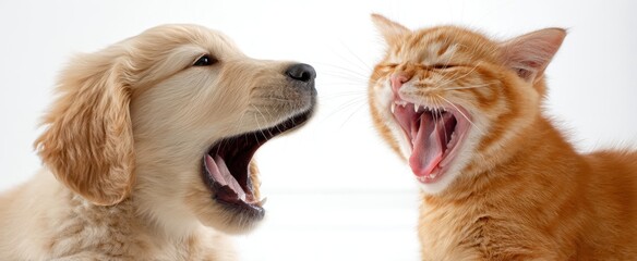 The playful interaction of a yawning dog and cat duo in harmony.