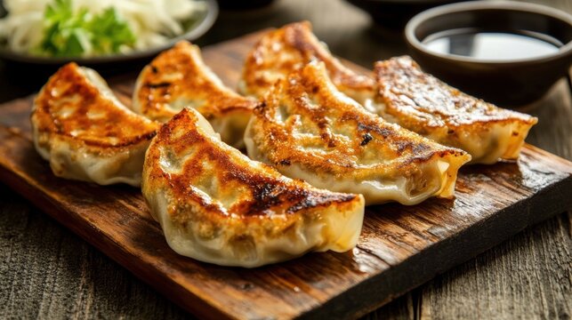 Crispy Pan-Fried Dumplings Served on a Wooden Board