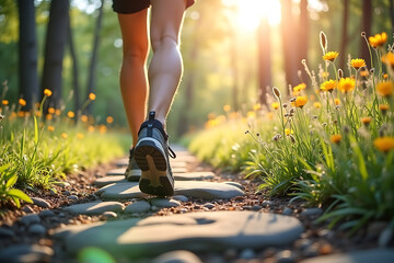 Hiking.A hiker walking a gravel path with wildflowers and sunlight through trees. AI-generated