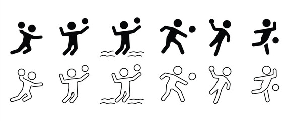 Flat icon set of ball Sports, Sports people icons with ball, basketball, volleyball, beach volleyball, squash, handball and bowling vector illustration in transparent background. Sport icon set.