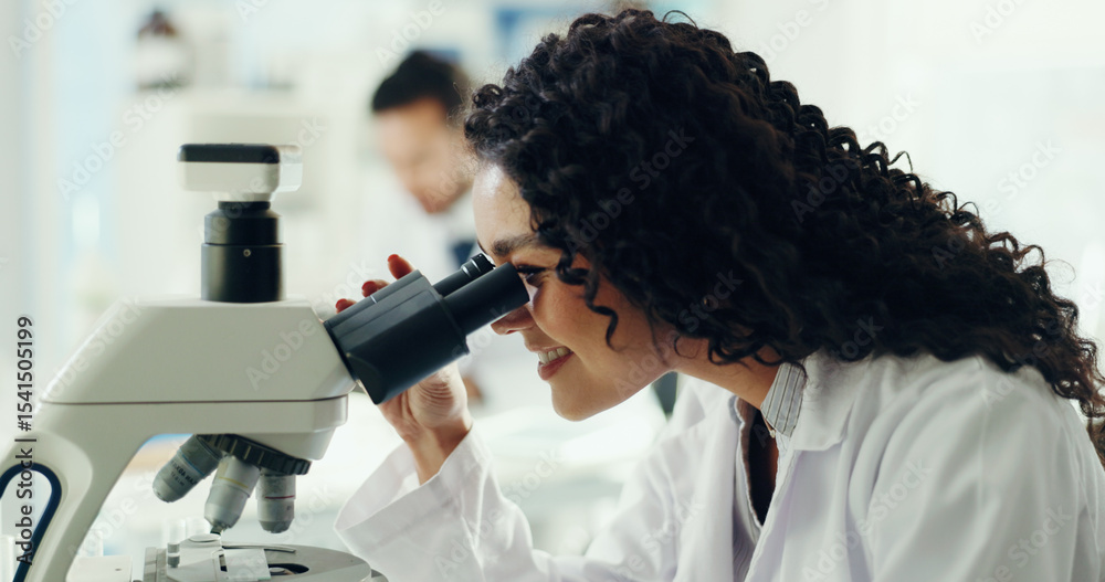 Poster science, research and woman with microscope in lab for biotechnology, sample testing or innovation. 