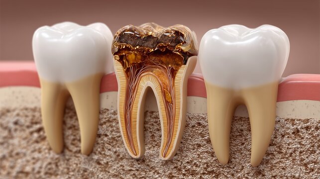 Close up view of a tooth affected by caries and decay, illustrating the dental cavity and the extent of damage. Useful for understanding dental health and treatment options.