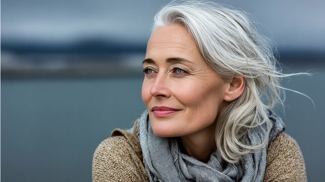 Contemplative Female with Beautiful Smile Poses in Front of Beach, Radiating Serenity and Joy