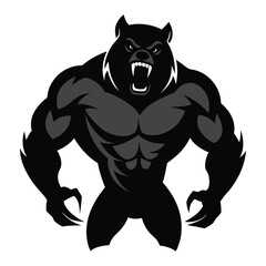 black and gray angry bear gym bodybuilder silhouette icon isolate on white background