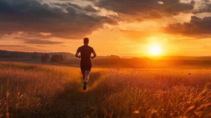 Fototapeta premium A person jogging through a field at sunset, with vibrant orange and yellow hues in the sky.