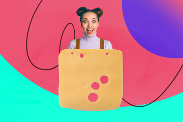 Image zine trend photo collage of happy hungry girl guy peek dairy cheese slice healthy nutrition product piece culinary