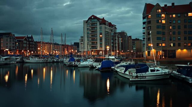 Evening view of Zeebrugge port from the pier showcasing boats and city lights, Port of Zeebrugge in the evening View from the Pier of Blankenberge, Belgium