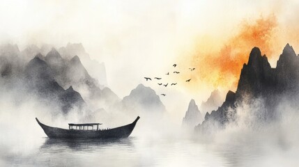 Traditional boat glides on calm waters amidst misty mountains under a vibrant sunset sky.