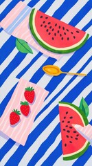 Obraz premium Sliced watermelon and strawberries on a striped blue background with a spoon
