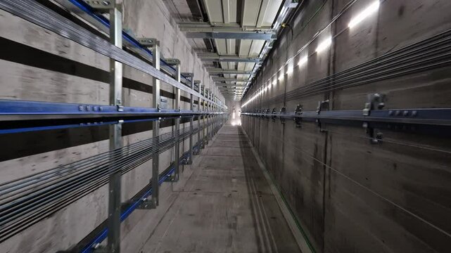 A sleek POV shot ascends through a dimly lit industrial elevator shaft, showcasing steel rails, bundled cables, and concrete walls as the camera smoothly travels upward toward a distant light.