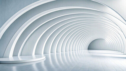 Naklejka premium Futuristic white arched tunnel with curved architecture and glossy reflective floor 
