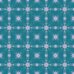 seamless floral pattern,created by drawing curves together to form light green branches and purple flowers with red stamens and green background in a geometric pattern,combined to tile and fabric	