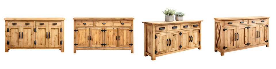 Rustic wooden furniture pieces with storage drawers and shelves