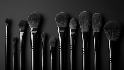 Black makeup brushes, various sizes, arranged