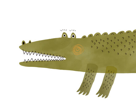 Illustration Of Happy Green Alligator. Cute Funny Hand Drawn Crocodile on a White Background. Nursery Vector Art With Childish Drawing-like Portrait Of Happy Croc With Big Teeth. 