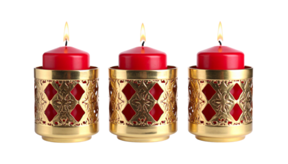 Burning red Christmas candle with glowing flame on a white background
