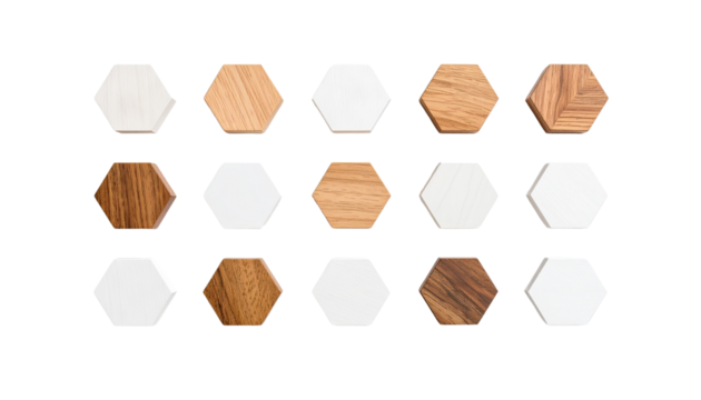 Seamless geometric pattern of paper cubes, boxes and hexagonal elements with wooden signs isolated on white background.