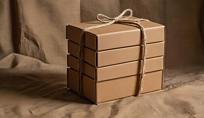 Three-quarter view of a small stack of 4-5 beige boxes with one box slightly pulled out, revealing the hollow interior, warm neutral backdrop, cozy rustic vibe
