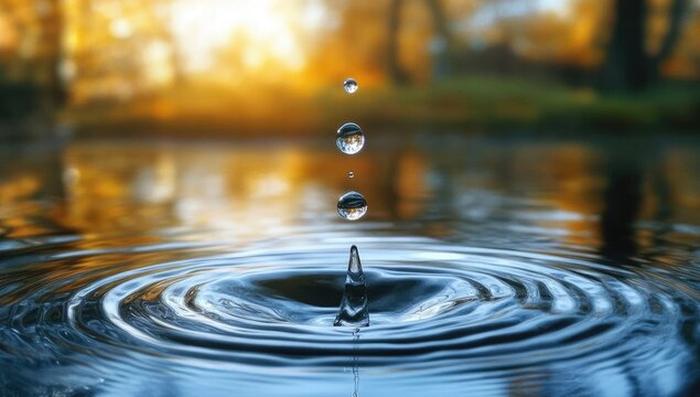 Water droplet impact on still pond surface, golden light