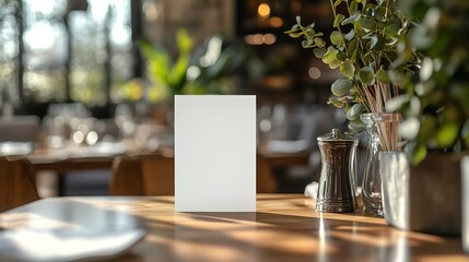 A blank white menu card standing on a restaurant table