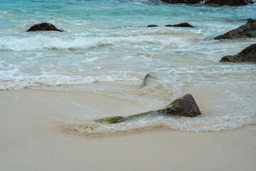 A granite boulder rests at the shoreline of La Digue island in Seychelles