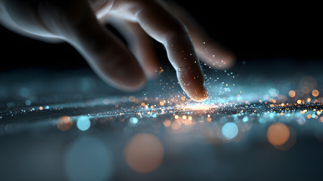 Futuristic digital interface with a hand interacting with glowing data particles on a virtual surface.